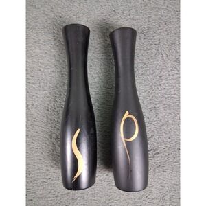 Vintage Japan Wood‎ Salt Pepper Shakers Set Gold Lettering Mid Century Modern